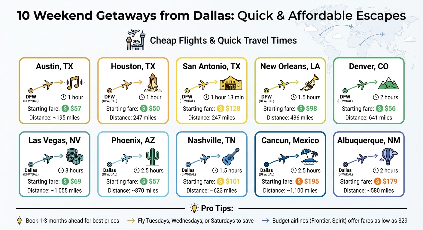 10 Weekend Getaways from Dallas: Flight Times, Prices & Distance Comparison